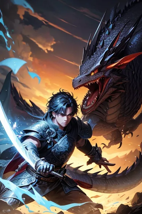 without hesitation, he get his sword and attack the dragon, 