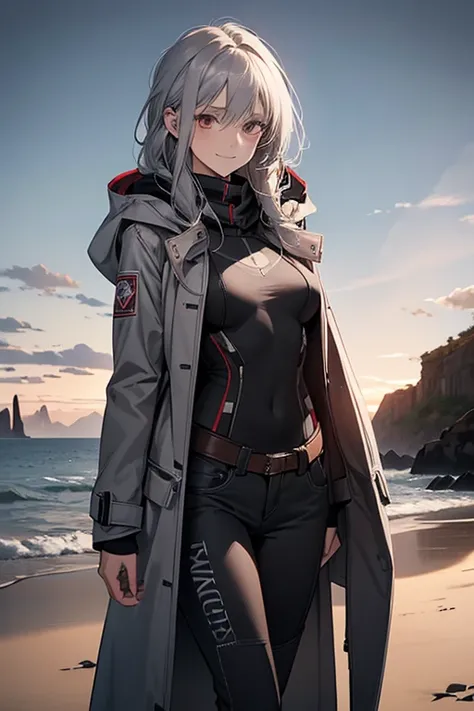 (Confused, High resolution, Very detailed), 1 female, Silver Hair,Long Hair,Reddish brown eyes,boots,Wearing a hood,Grey long coat,Skinny jeans,Black and white pilot suit,,Small breasts,26 years old,Beautiful woman,Adult female,,thin,quiet,Calm,shy little ...