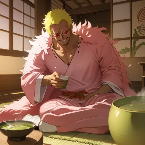 doflamingo puts sugar into matcha　japanese-style room