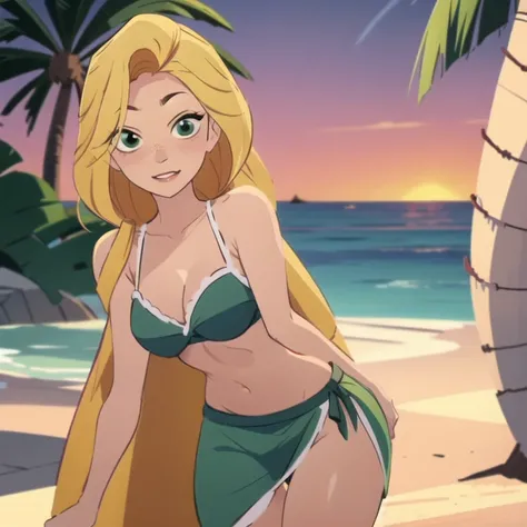 Rapunzel looks directly at the camera, Tilt from the right, and winked mischievously. Sexy Rapunzel, Rapunzel stands directly in front of the camera, (loose _hair: 1.9), Winking playfully at the camera, Hourglass figure, Green Island Set, outdoor, beach, S...