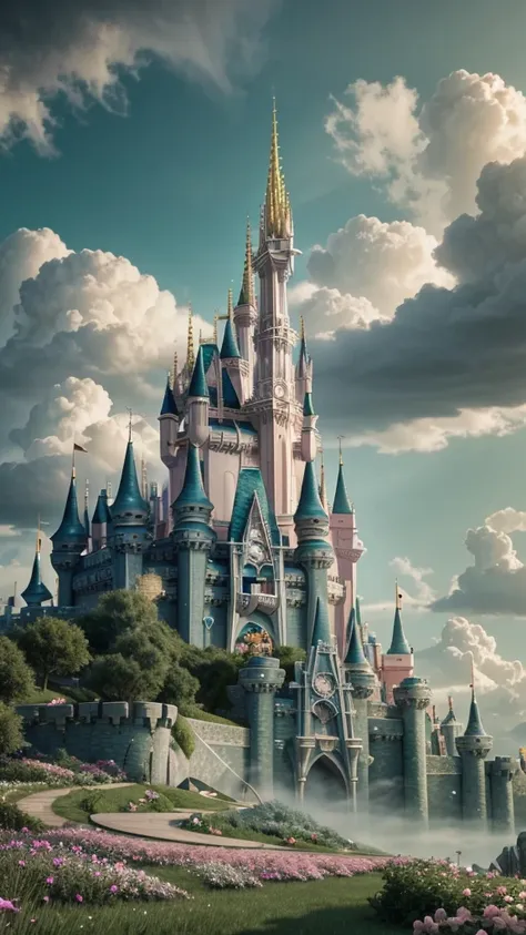 epic cg matte painting, wide view, pale green clouds, disney castle, garden full of flowers on the clouds, a few drops of water ...