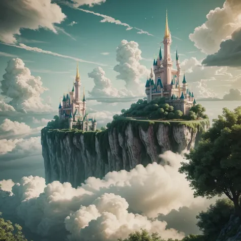 epic cg matte painting, wide view, pale green clouds, disney castle, garden full of flowers on the clouds, a few drops of water ...