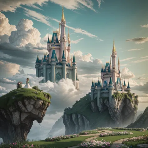 epic cg matte painting, wide view, pale green clouds, disney castle, garden full of flowers on the clouds, a few drops of water ...