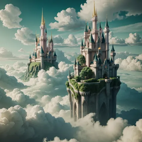 epic cg matte painting, wide view, pale green clouds, disney castle, garden full of flowers on the clouds, a few drops of water ...