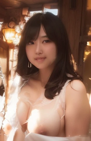 highest quality, Ultra-high resolution, Highly detailed skin, Physically Based Rendering, (((A round-faced Japanese woman in her 20s,She is supporting her chest with her arms and is not wearing underwear., Large Breasts, Nipples are also visible, from the ...