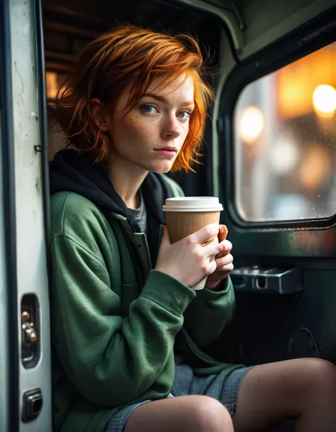 cinematic photorealistic picture of a beautiful short ginger hairstyle homeless girl, sitting inside her opening door van home w...