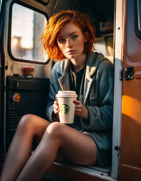 cinematic photorealistic picture of a beautiful short ginger hairstyle homeless girl, sitting inside her opening door van home w...