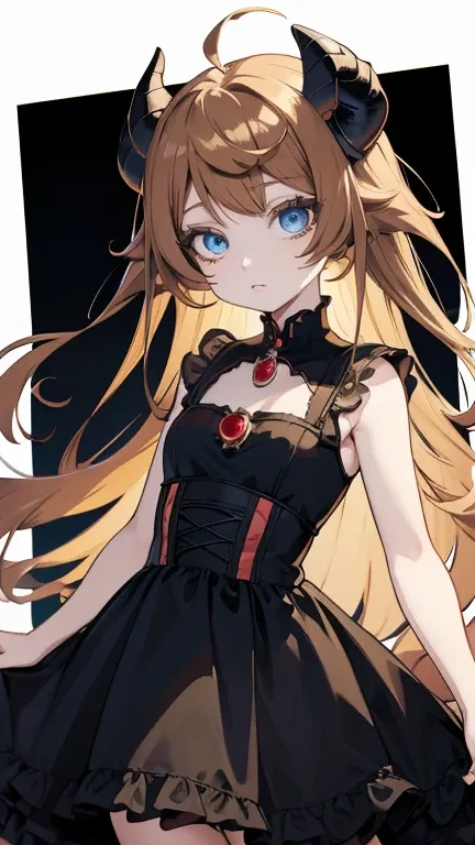 anime girl with horns and a dress with a skull on it, ((light brown hair))(lol in dress, gothic maiden anime girl, cute anime wa...