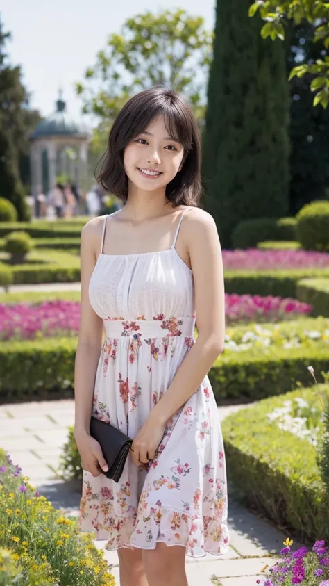 masterpiece, highest quality, disorganized, perfect anatomy, 1 girl, alone, pascal tales, short hair, beautiful, Hilarious, sunny day, botanical garden, Summer winds, sundress, Floral, wavy hair, smile