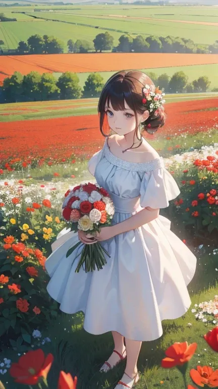 there is a  wearing a red and white dress and holding a bouquet of flowers, girl in flowers, picking flowers, holding flowers, p...