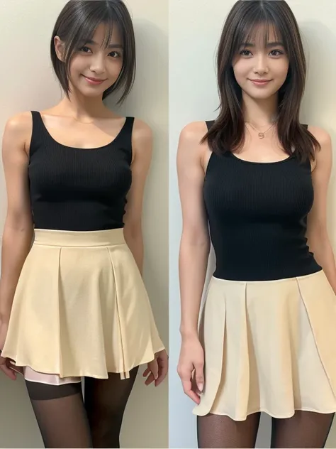 Face :9,503917907], Upper class real college girl、Wearing a short skirt and tank top、 (wearing pantyhose、very realistic pantyhose)、Height: 165cm, japanese model, short layered hair、japanese girl, Neat and clean Japan woman, laughter、japanese goddess, innoc...