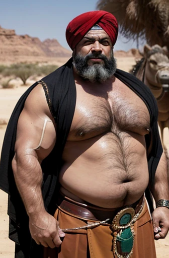  Un campesino egipcio sin camisa culturista obeso de cuerpo completo con un cuerpo muy aceitado, a sweaty turban on head and extremely muscular and extremely fat old man over 70 years old weighing over 600 pounds very muscular, very hairy big pecs with dar...