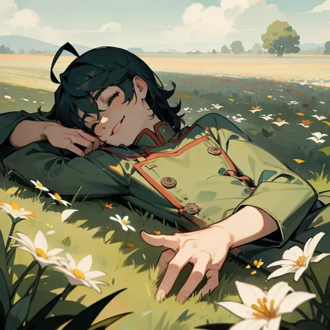 1man, lying on a field with flowers, he smiles