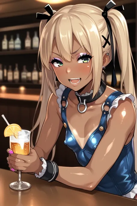 Score_9, score_8_up, score_7_up, score_6_up, score_5_up, score_4_up, source_anime, solo, 1girl, mature female, marie rose, small breast, dark skin, dark-skinned female, makeup, eyeshadow, Gyaru, tanned skin, shiny skin, metallic tan, colored skin, jet-blac...