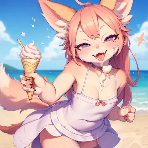 focus face , fox girl , round face , (tilt face:1.5) , (half-open wink:2) , moist Narrow round eyes , (Double teeth:1.2) , sensational smile , glossy lips , (open mouth wide) , (show off uvula:1.2) , (dripping melted vanilla Soft serve ice cream on face:1....