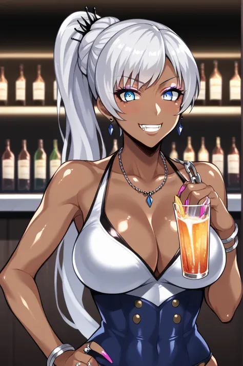 Score_9, score_8_up, score_7_up, score_6_up, score_5_up, score_4_up, source_anime, solo, 1girl, mature female, weiss schnee, dark skin, dark-skinned female, makeup, eyeshadow, Gyaru, tanned skin, shiny skin, metallic tan, colored skin, jet-black skin, sali...