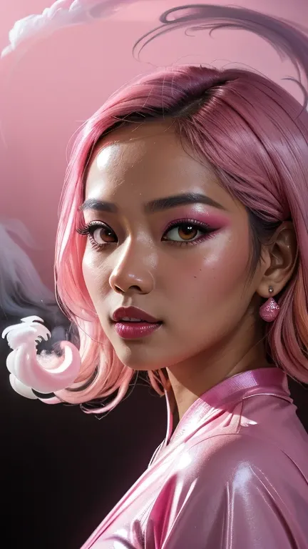 portrait of a malay woman covered in cloud of smoke, whirlwind, pink highlight colors, pink make-up, hints of pastel, misty, seductive, sultry, breathtaking, oil painting style, artistic, aesthetic modern art, shining bright pink backdrop, show breast 