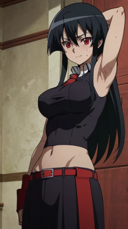 a picture, inspired by Kentaro Miura, trending on pixiv, Akame from akame ga kill, red eyes, long black hair, wearing a low cut croptop, wearing croptop, croptop, golden raito, (winking), large)}], favorite scene, fine details. anime. skins, sweating, big ...