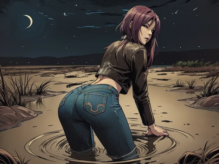 vector image, 2d cartoon,masterpiece, An anime woman,colored hair, tight ultra-long bootcut jeans, leather biker jacket:1.1, provocative pose, gloomy ecstasy, touches herself in sensually places,drowning in the middle of quicksand swamp, crop-top,from behi...