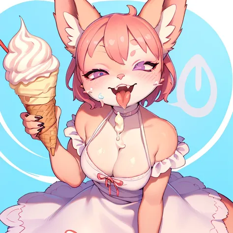 focus face , fox mom , round face , (tilt face:1.5) , (half-open wink:2) , moist Narrow round eyes , (Double teeth:1.2) , sensational smile , glossy lips , (open mouth wide) , (show off uvula:1.2), (licking Soft serve ice cream:1.2) , (melted vanilla Soft ...