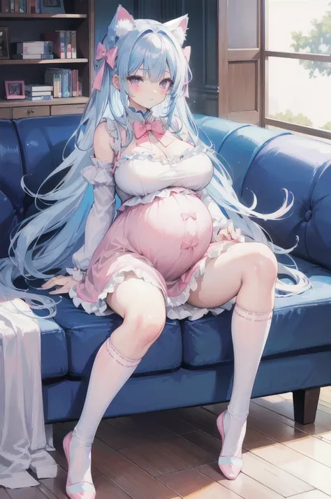 light blue hair，Cat ears，Pink Eyes，Light blue lolita，White socks，Pink bow，In the room，Sitting on the sofa,(Pregnant，Huge breasts：1.8)