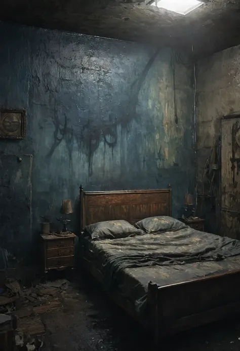 fear, dark monster in your bed at midnight painting by vincent van gogh 0 dark background, (by jan saudek, charles miano, alyssa...