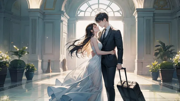 (best quality,highres),Constantines reincarnation form,wearing a stylish suit,in a modern setting,a successful businessman,a scene from a romantic novel,cute woman,heartwarming reunion at the airport,happiness of love,bright and clear space,romantic atmosp...