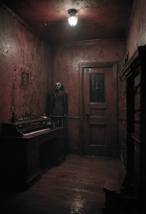 night room, dark room, completely darkened room, grainy, sepia, creepy environment, dark red tint. creepypasta is a scary demon ...