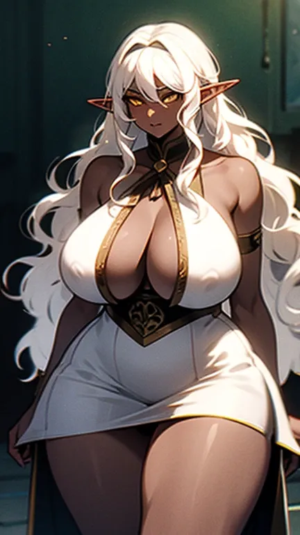 (((An elf milf woman alone))),(((Dark Skin))),(((yellow eyes))),(((wavy white hair))),((curvy body)), (((nice dress)))