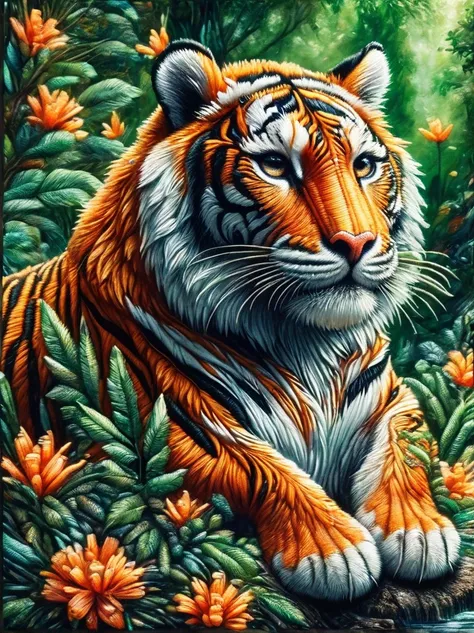 a detailed picture of a majestic tiger. the tiger is prowling through a lush, verdant forest, every muscle in its body taut with...