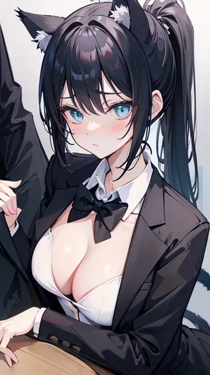 ponytail,Black Hair,Cat ear,Cyan eyes,Cat Tail,woman,anime,slender,Bunny suits tailcoat,drunk, blush, open clothes