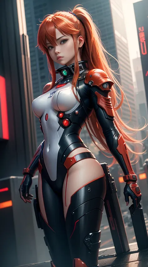 Cyberpunk,Photorealism, beautiful Asuka Langley Soryu in sci-fi armor in a futuristic city --ar 3:2 --v 4 