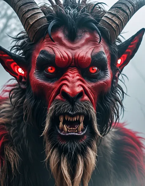 Focus on a close-up of the Goatmans face in the mist, emphasizing his eerie and frightening features. His eyes are glowing red, his face is a mix of human and goat with sharp teeth and large horns, and his expression is menacing, aiming to instill fear.