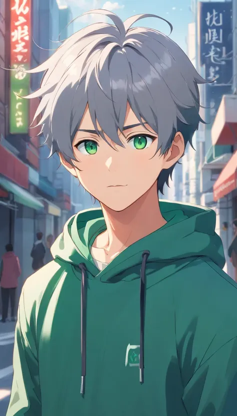 Young Man、Silver-gray hair、Emerald green eyes、Grey hoodie