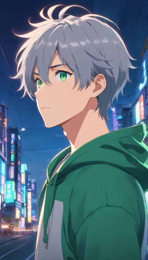 Young Man、Silver-gray hair、Emerald green eyes、Grey hoodie