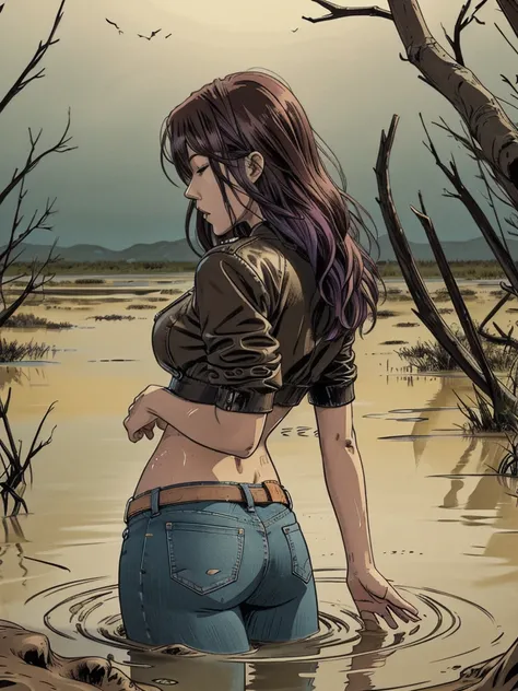 vector image, 2d cartoon,masterpiece,night:1.4, close-up portrait, An anime woman,colored hair, leather biker jacket:1.1, provocative seductive pose, gloomy ecstasy, touches herself in sensually places,(drowning herself in the middle quicksand swamp:1.2), ...