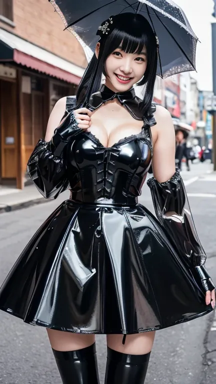 (Tabletop:1.0), (highest quality:1.4), (High resolution:1.2), (Realistic:1.4),(From below:1.5), (8k, RAW Photos:1.2), (Soft Focus:1.4),break,There is 2girls wearing latex gothic lolita  who is standing on the street and Embrace each other and smiling and t...