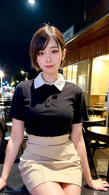 (8k, raw photos, best quality, tabletop:1.2), (realistic, Virtual image:1.37), very detailed, 1 woman,cute, alone,Beautifully detailed sky,Detailed cafe,nighttime,sit,Dating,(nose blush),(Light Smile:1.1), Medium bust,Beautifully detailed eyes,(collar shir...