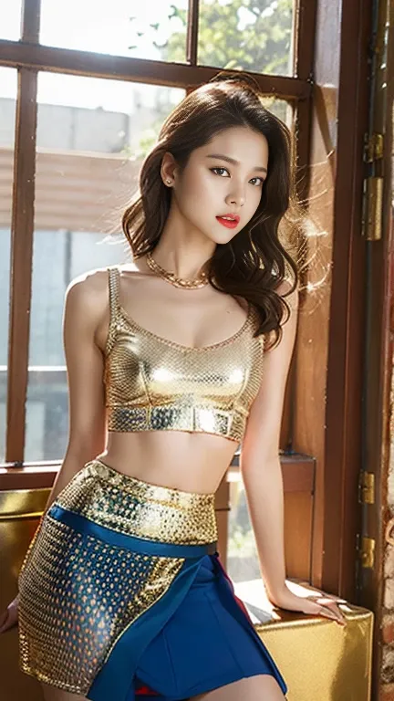 bra: see-through, red, gold studs; skirt: super short, blue metallic mesh;