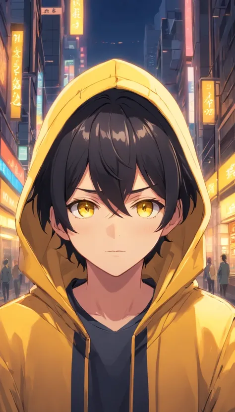 male、Black Hair、Yellow hair tips、Golden Eyes、Yellow hoodie、The hood is black