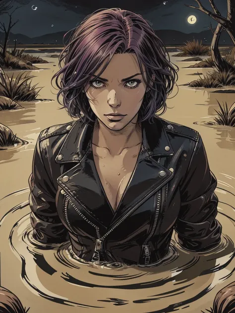 vector image, 2d cartoon,masterpiece,night:1.2, close-up portrait, An anime woman head,colored hair, leather biker jacket:1.1, gloomy ecstasy,(drowning herself in the middle quicksand swamp:1.0), 