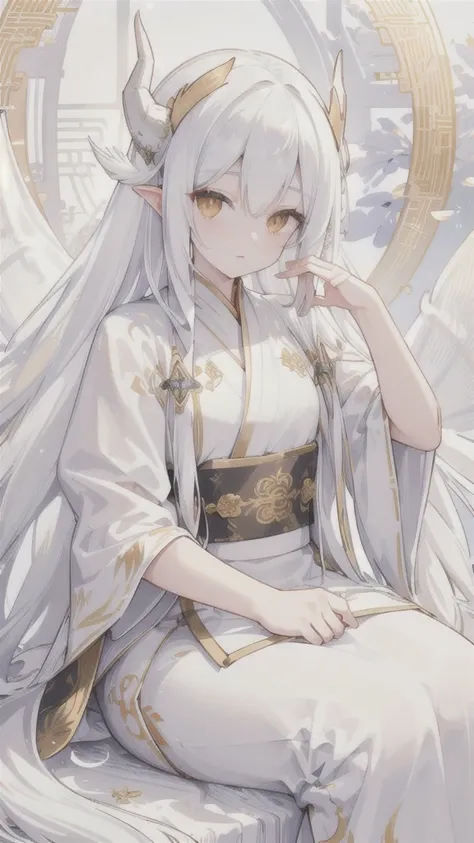 (best quality, highres, ultra-detailed:1.2), beautiful long white hair, stunning golden eyes, silver Hanfu armor, intricately designed white folding fan, white dragon horns, ethereal lighting, soft color palette