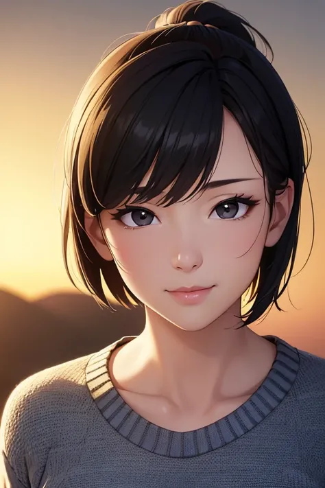 highest quality, 超High resolution, (Realistic:1.4),Sunset Light, ponytail, Korean women, Detailed Photos, smile, sexy, Black Shirt, To the camera, close (masterpiece: 1.3), (8k, Realistic, highest quality: 1.4), (One girl), Beautiful Face, (Realistic Face)...