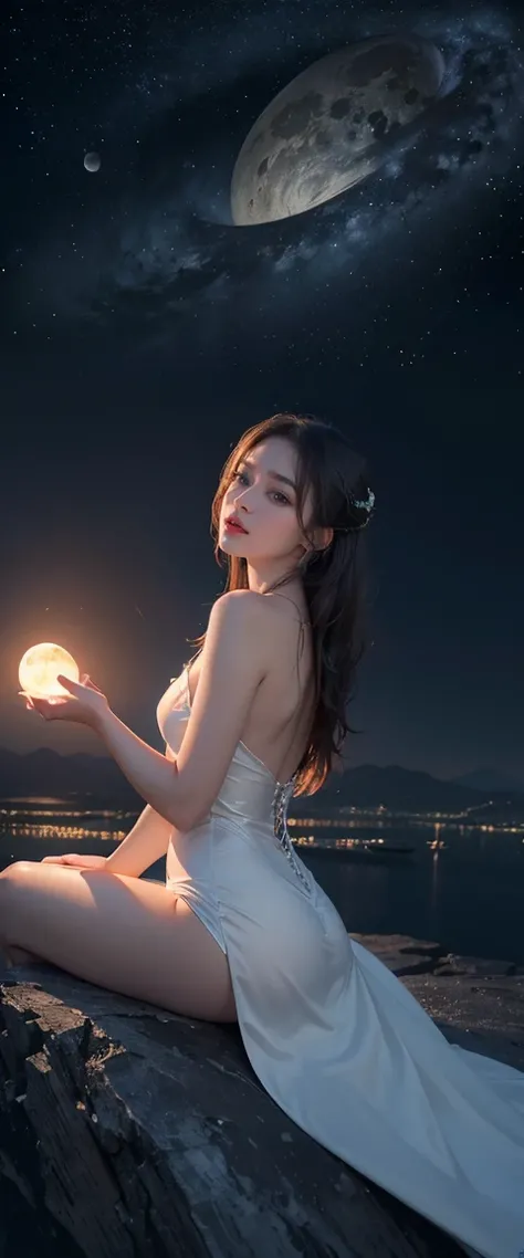 ((masterpiece, highest quality, Highest image quality, High resolution, photorealistic, Raw photo, 8K)), ((Extremely detailed CG unified 8k wallpaper)), Floating, Side view of a woman sitting on a giant crescent moon in the night sky, white one-piece dress...