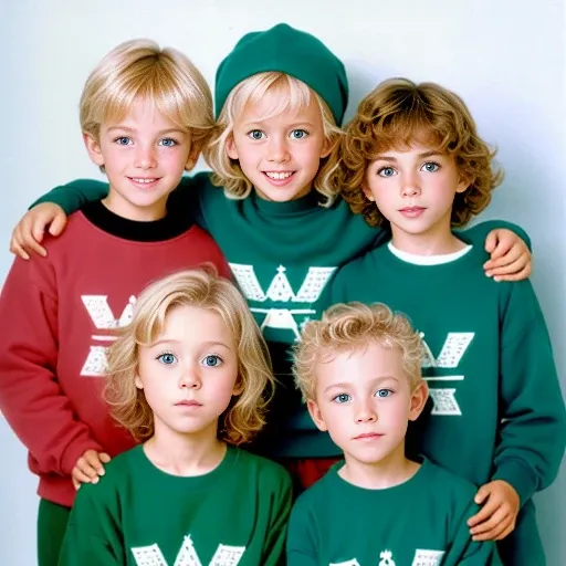 color photo of a group of 20 blonde  Asmonean jewish children with aqua green eyes, wearing sweatshirts. in focus image character face with color