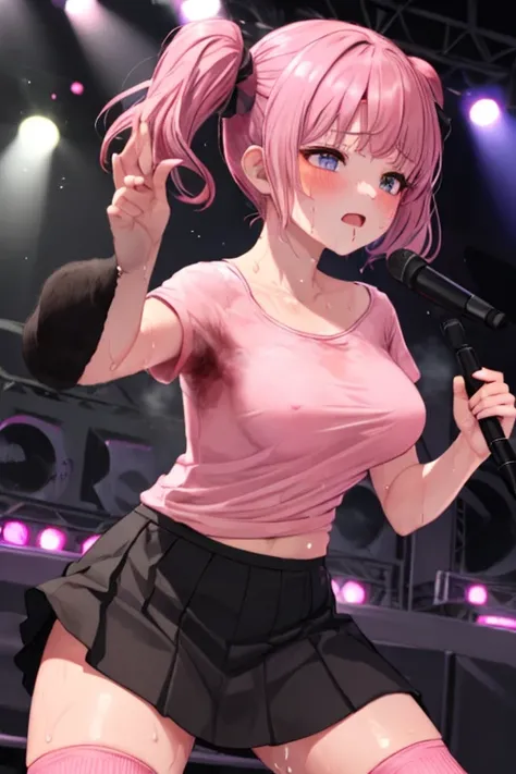 NSFW、8G、highest quality、Highest quality、Real、masterpiece、Mine system、(((Black and pink hair)))、((Knee socks))、(((Two Girls)))、Pink Shirt、Black Skirt、((Twin tails))、(((Idol Group)))、(((stage)))、(((concert)))、No underwear、No bra、(((Sweat)))、(((Body odor)))