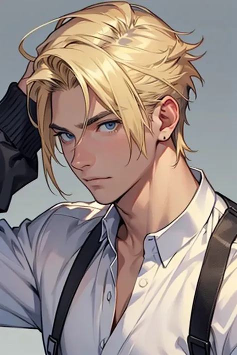 Please draw a bust-up of a fresh-looking blonde man in his 20s.。I want the background to be pure white