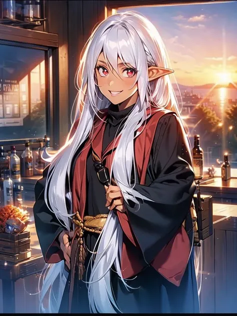 an elf woman, very black and tanned skin, beautiful silver hair, pointed ears, beautiful red eyes, high , school classroom, whit...