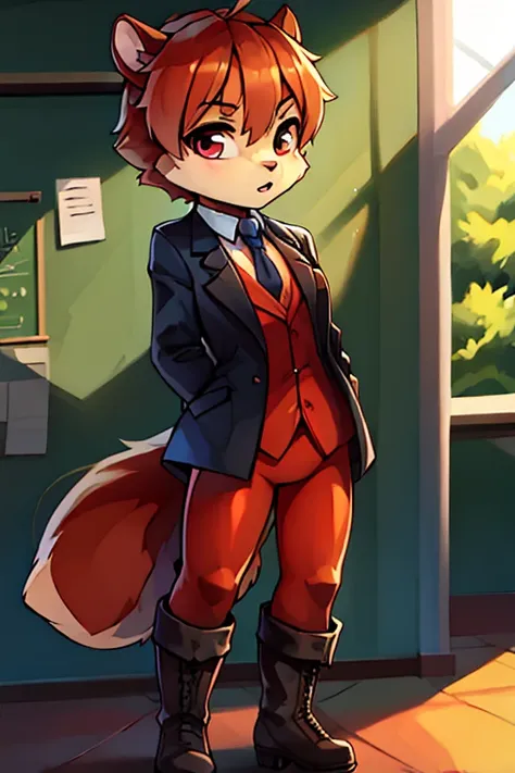 boy, squirrel, furry, bodyfur, blazer, bottomless, color tights, gloves, boots, school