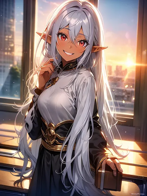 an elf woman, very black and tanned skin, beautiful silver hair, pointed ears, beautiful red eyes, high , school classroom, whit...